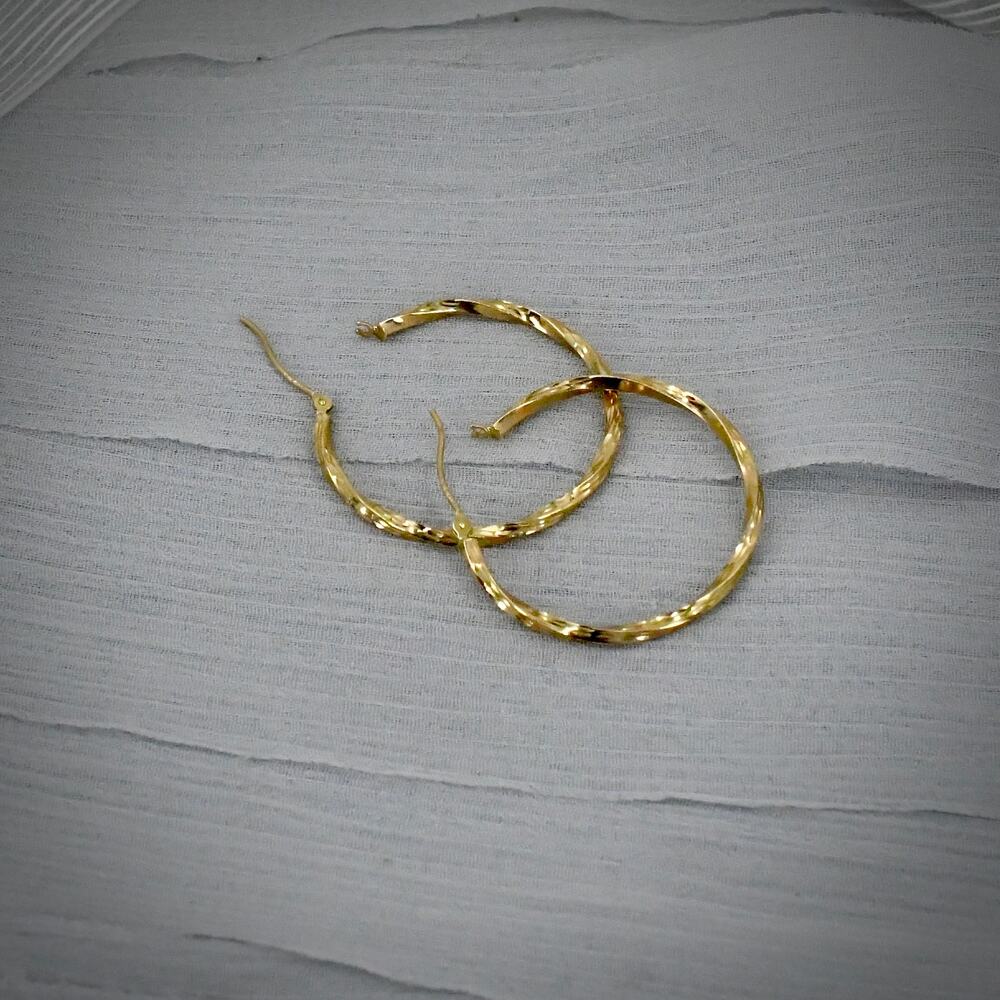 14K Yellow Gold Twisted Hollow Tube Large Hoop Earrings 33mm 1.42g